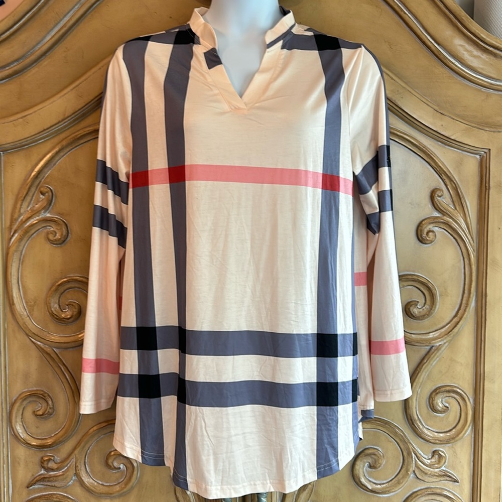 NWT Sese Code Burberry like plaid blouse